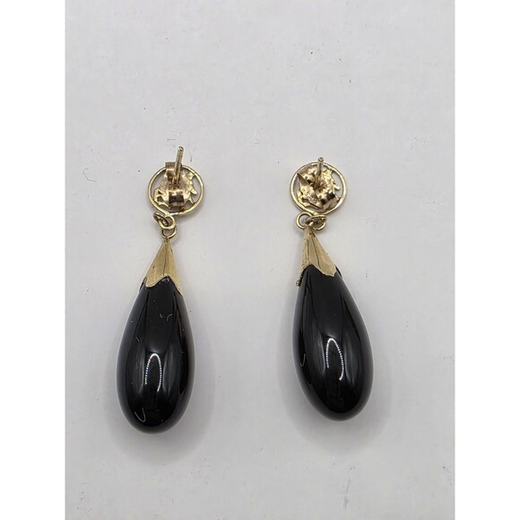 Black Onyx & Gold Color Drop Pierced Earrings Oriental Symbol 1 1/4" - Picture 5 of 6